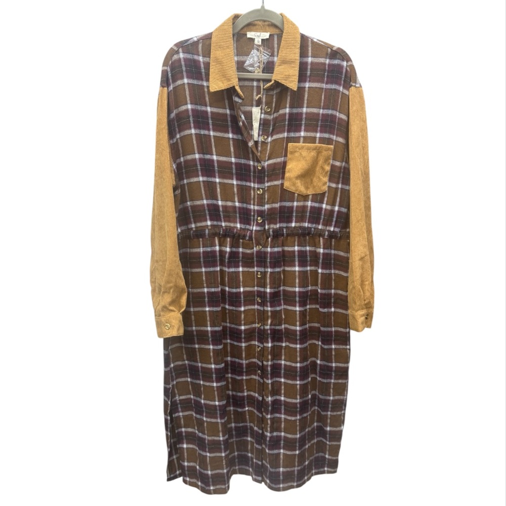 EASEL Plaid Button Down Corduroy Sleeves Pocket Shirt Dress